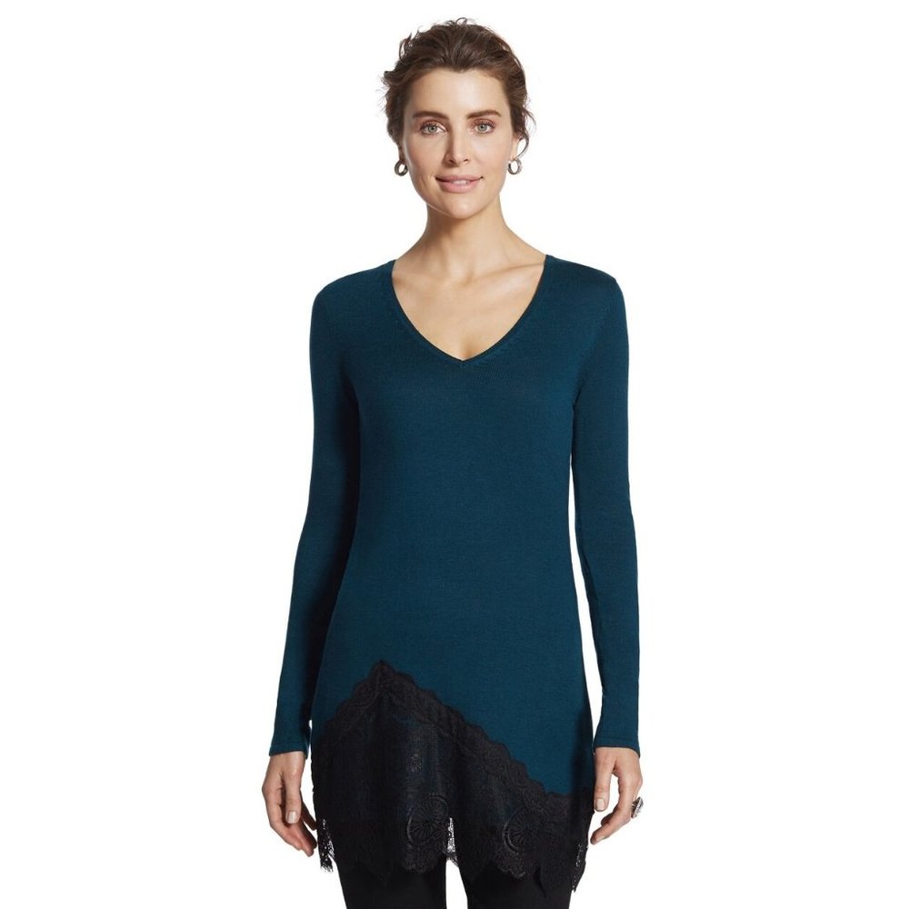 Chico's Lace Hem Helen Pullover - Teal & Black 0